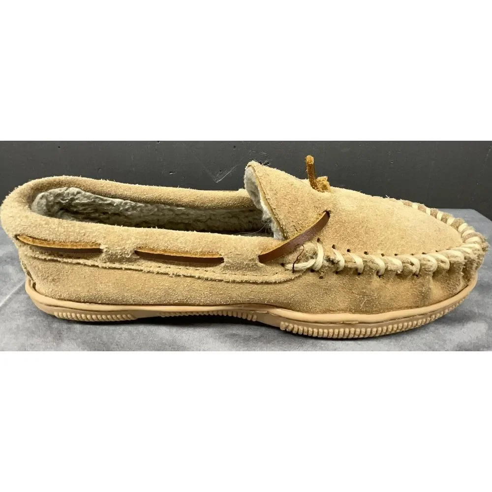 Minnetonka Moccasins Kids 3‎ Brown Tan Leather Sherpa Lined Slippers Shoes